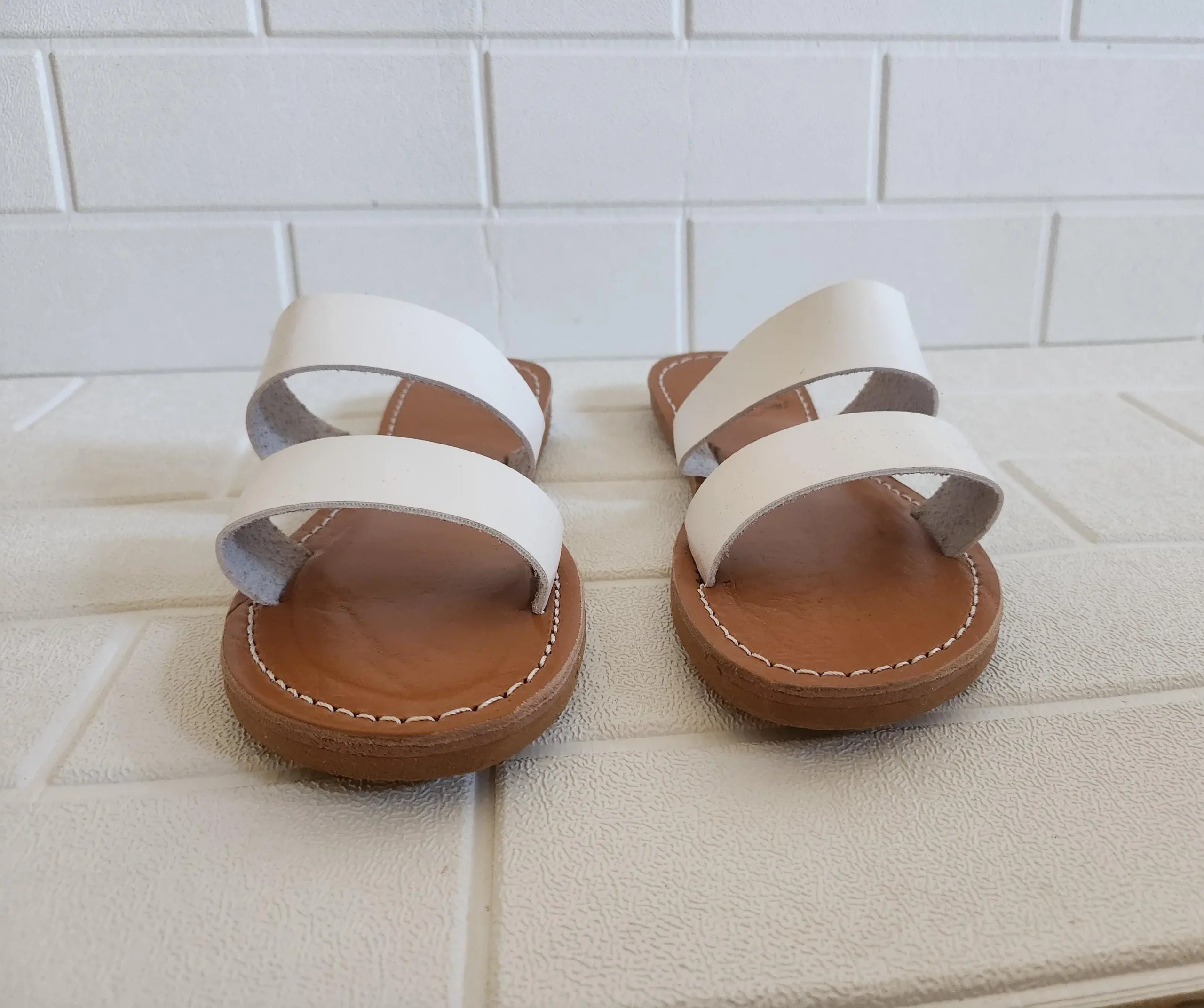 Women’s White Double Strap Moroccan Leather Slides