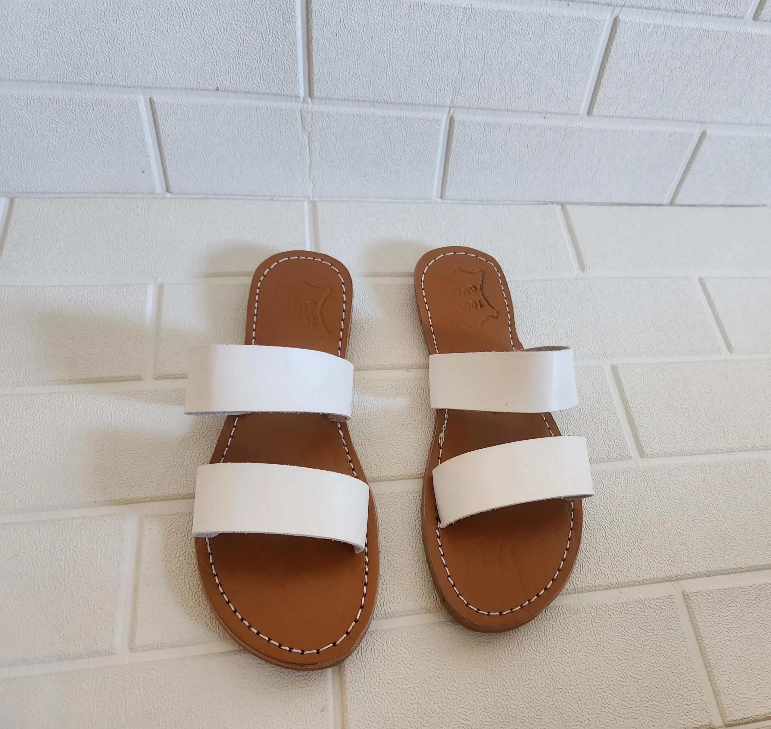 Women’s White Double Strap Moroccan Leather Slides