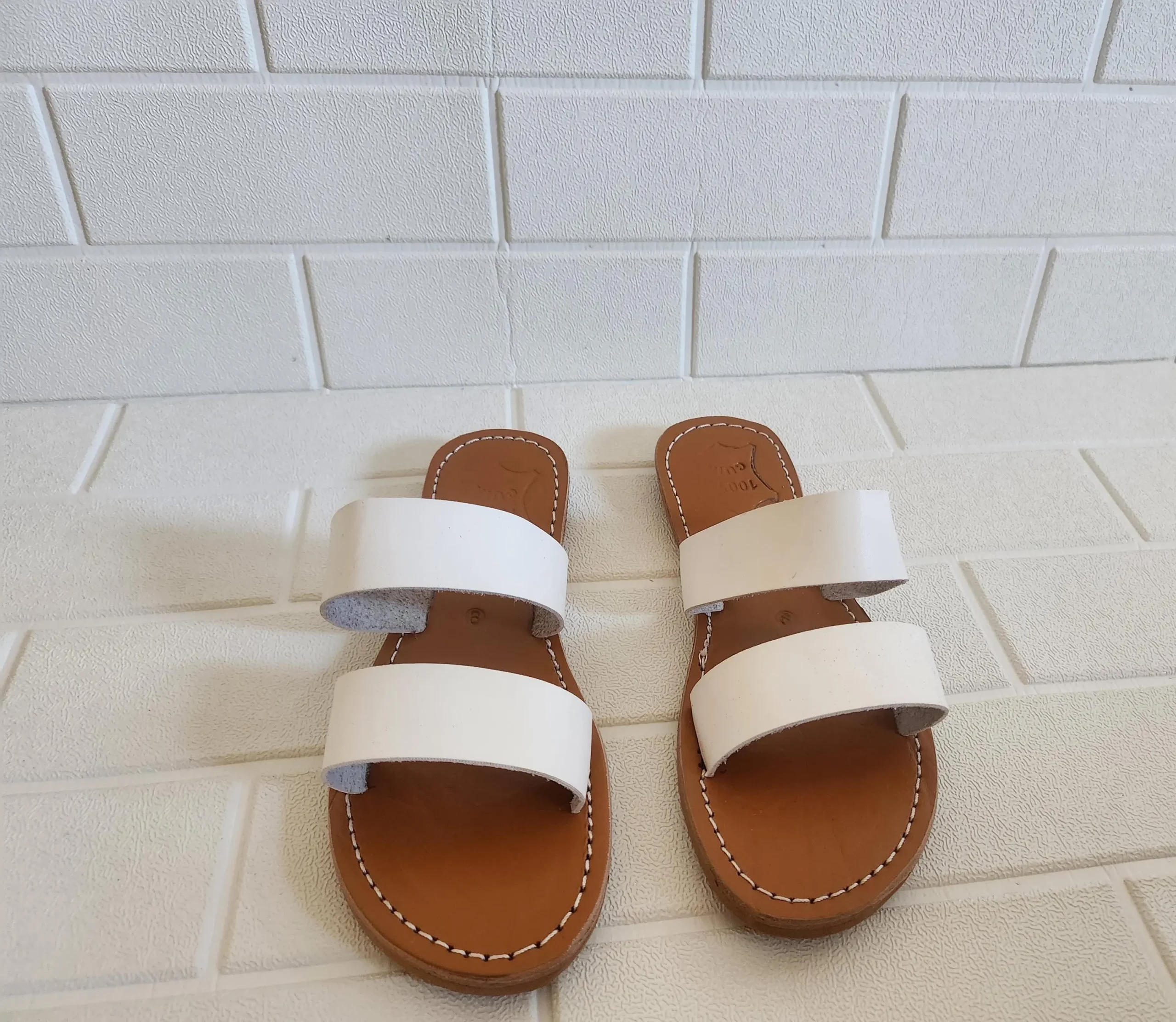 Women’s White Double Strap Moroccan Leather Slides