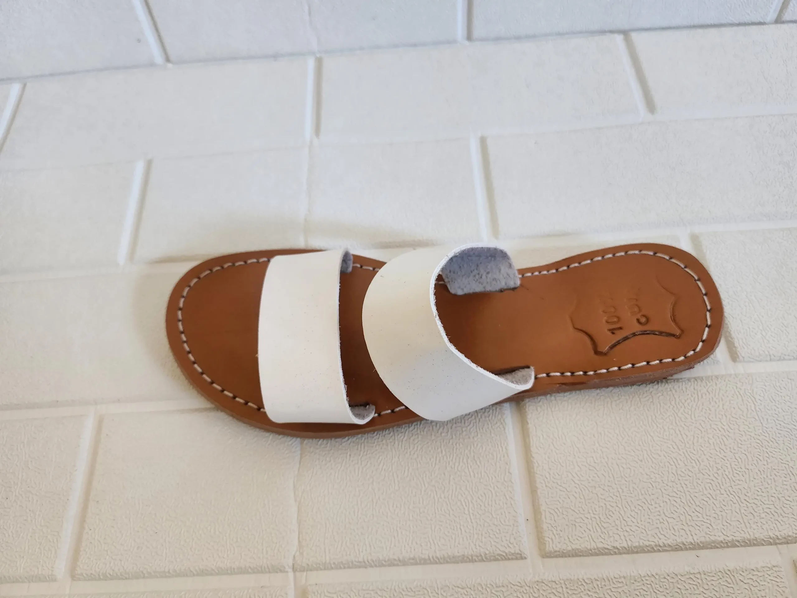 Women’s White Double Strap Moroccan Leather Slides