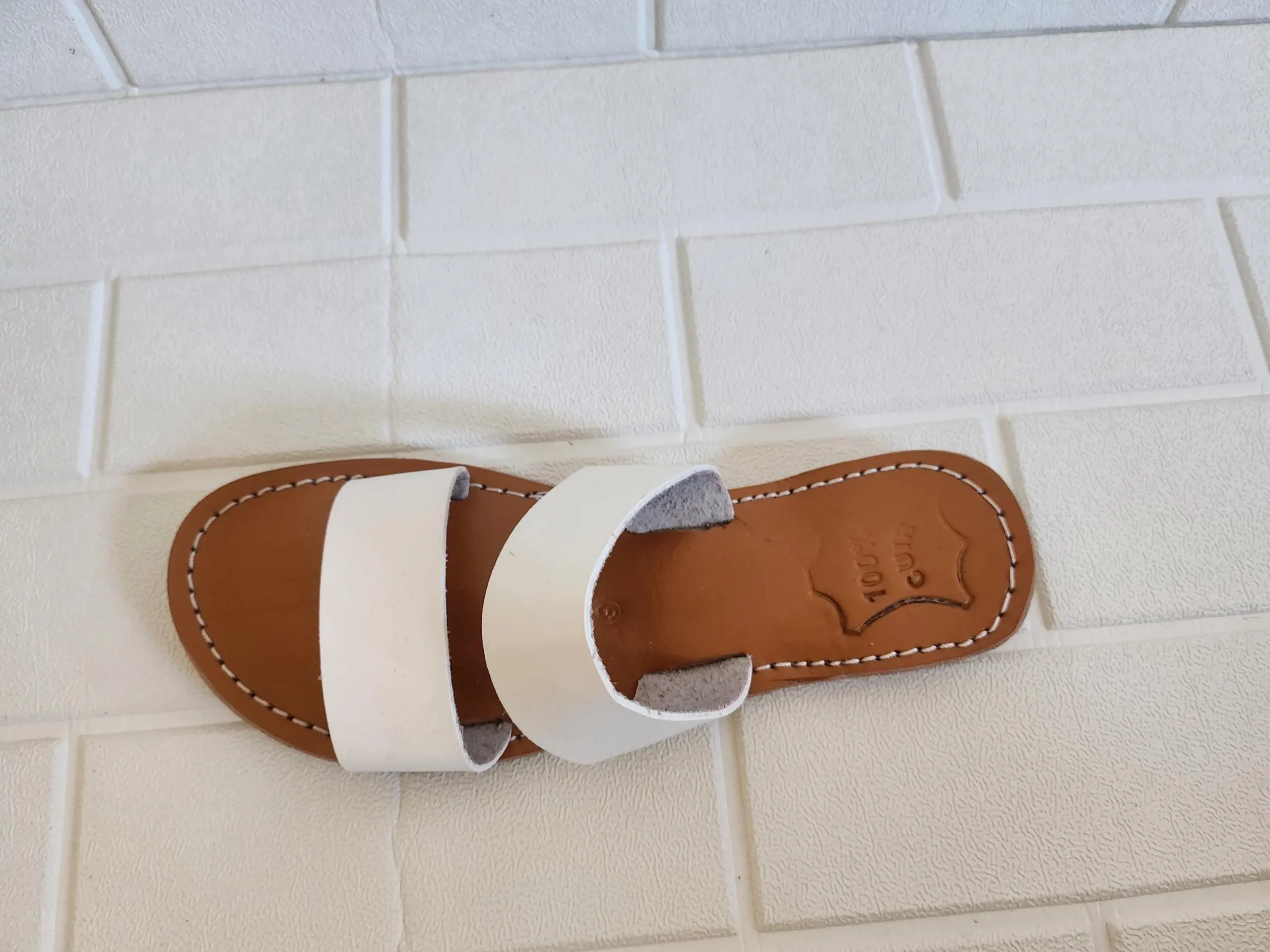 Women’s White Double Strap Moroccan Leather Slides