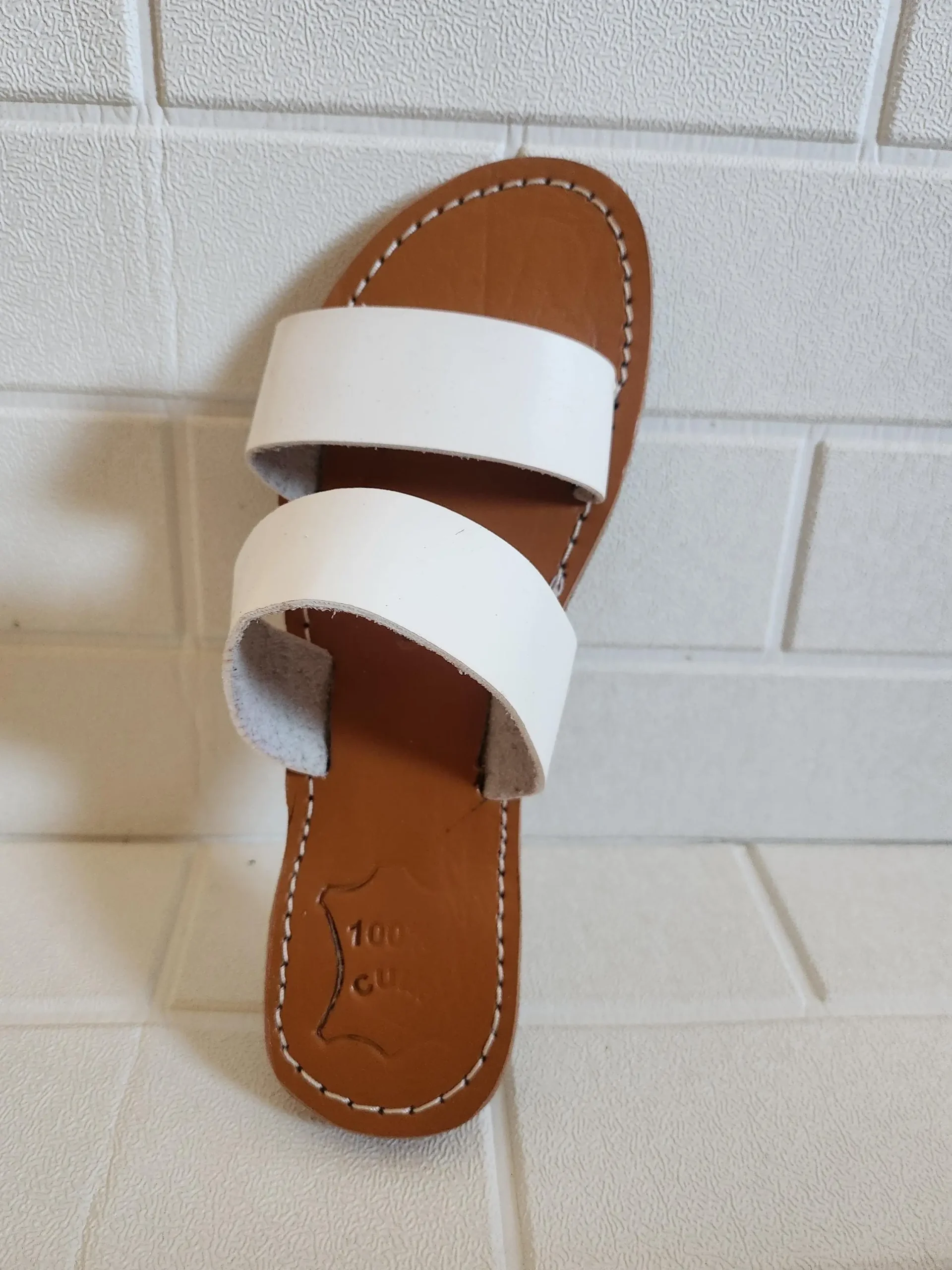 Women’s White Double Strap Moroccan Leather Slides